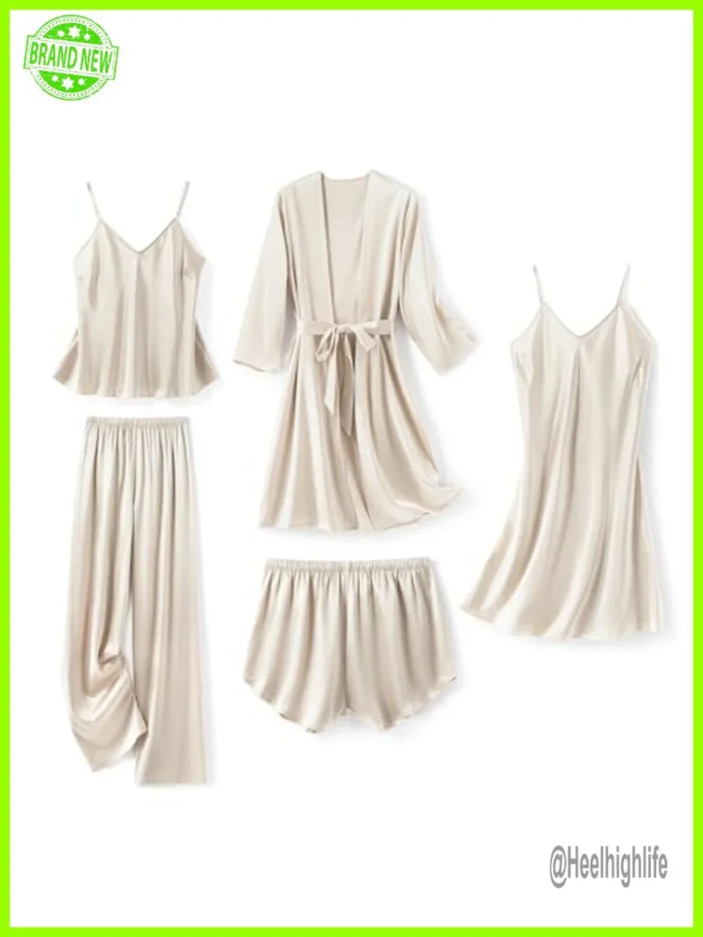 5 Piece Satin Pajama Set Silk Robe Cami Shorts Long Pants Loungewear